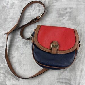 Tig by Tiganello Leather Crossbody Purse Brown Red Navy Flap Close Small (1245)
